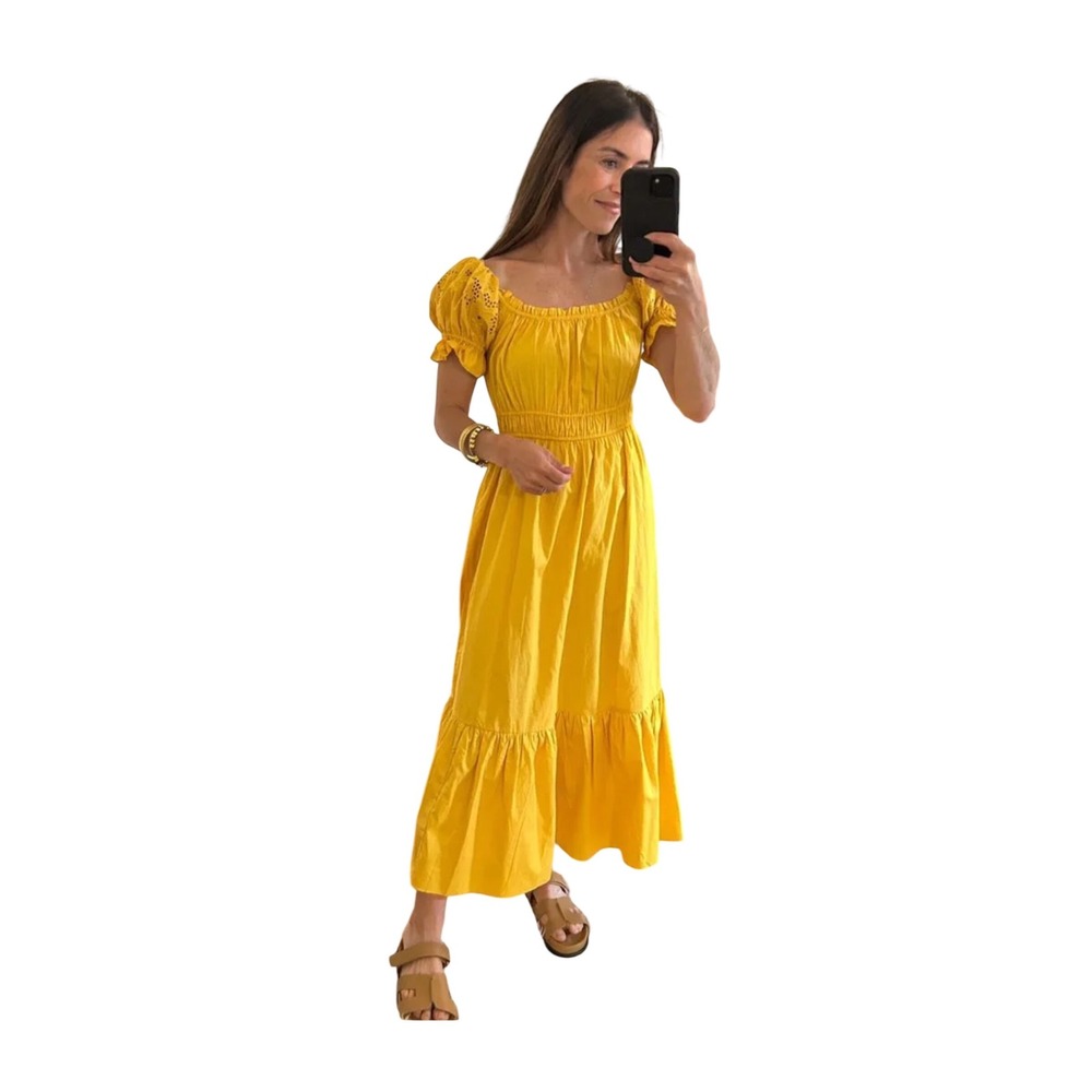 H&M Yellow Off-The-Shoulder 100% Cotton Eyelet Puff Sleeve Tiered Midi Dress XS